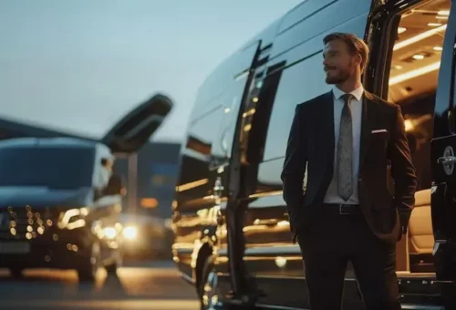 AA Limousine and Sedan chauffeur assisting passenger at hotel entrance