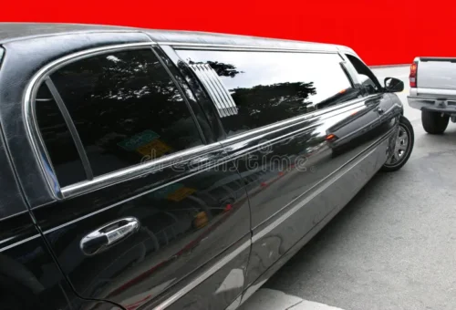 Wedding couple stepping out of luxury limousine in Hyattsville