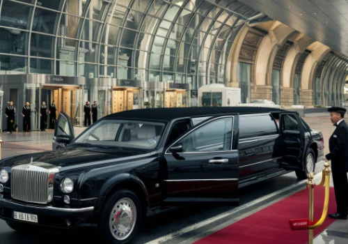 Elegant black limousine with open doors parked at a red carpet entrance