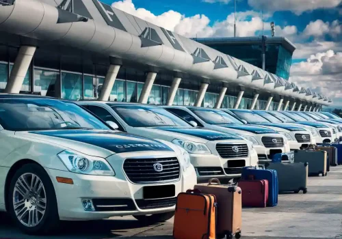 Row of luxury cars lined up outside an airport terminal